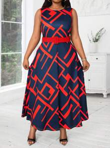 SHEIN Lady 大码拼色几何印花连衣裙和西装外套两件套，女士教师工作服，秋季