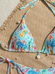 Swim Mod 2pcs/Set Beach Summer Outfits For Women, Random Print Ribbed Texture Shell Decor Halter Top And Side Tie Swimwear Bohemian Bikini Set - Multicolor - View 3
