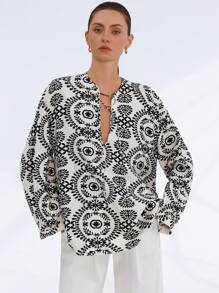 SHEIN Privé Women's Faux Embroidery Random Print Casual Vacation Versatile Retro Luxury Elegant V-Neck Long Sleeve Blouse Fall Cloth For Women