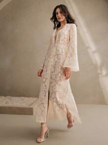 Anewsta 女式深 V 领喇叭袖蕾丝拼布佩斯利印花透明和服，适合春夏、海滩等地优雅度假出游