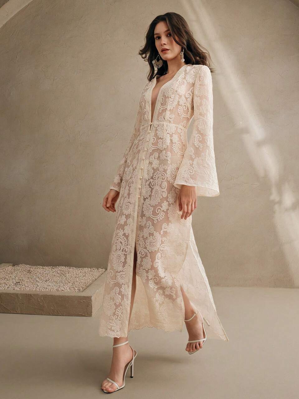 Women's Deep V-Neck Flare Sleeve Lace Patchwork Paisley Print Sheer Kimono , Elegant Vacation Outing For Spring Summer, Beach