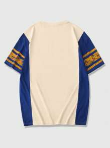 ROMWE MEN Prep Camiseta Masculina com Gola Redonda, Recorte em Tela de Contraste de Cor e Estampa de Letra