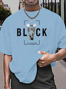 Manfinity Dauomo Tops Nam Slogan Giải trí - Màu xanh bụi bặm - Xem 1