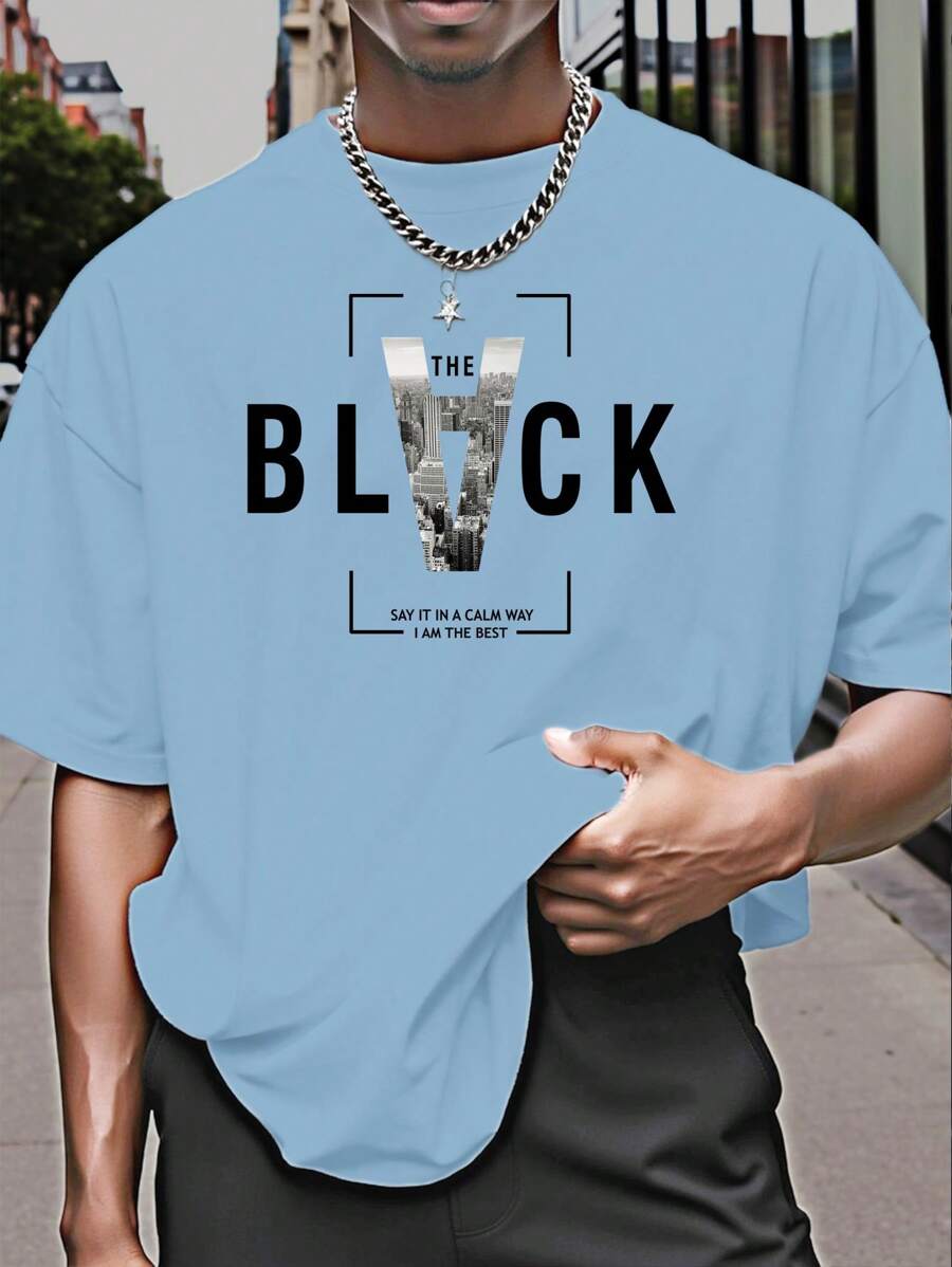 Manfinity Dauomo Tops Nam Slogan Giải trí - Màu xanh bụi bặm - Xem 1