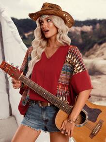 LanaWest Blusa suelta de mujer de estilo vintage bohemio con estampado floral y cuello en V de murciélago, para el verano - Óxido marrón - Ver 2