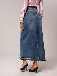 Forever 21 全新 直筒前开衩休闲复古水洗女式长款牛仔 A 字裙 - 藍色 - 查看 2