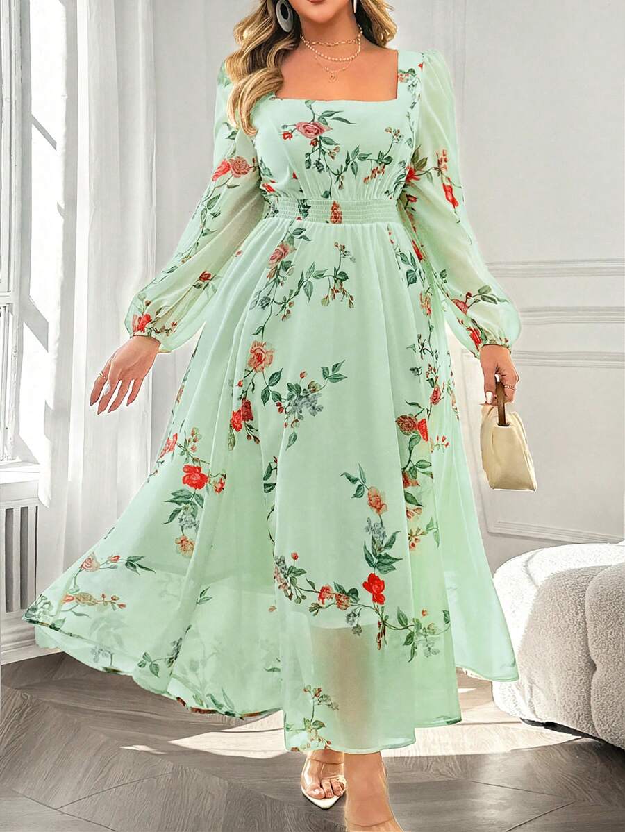 SHEIN Clasi Plus Size Elegant Rose Print Chiffon Waist Pleated Lantern Sleeve Dress, Suitable For Spring And Autumn,Valentine - Green - View 1