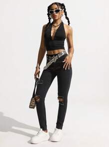 SHEIN EZwear 女式口袋破洞紧身休闲百搭牛仔裤 - 黑色 - 查看 5