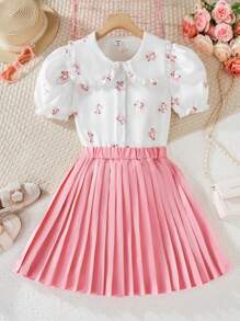 Set de 2 piezas con blusa de manga corta con estampado de oso de peluche blanco y falda pleateada rosa para niñas, estilo coreano para primavera/verano