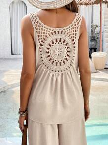 SHEIN Maternity 2 Pieces Set: Solid Color Crew Neck Tank Top And Wide Leg Pants, Casual - Khaki - View 2