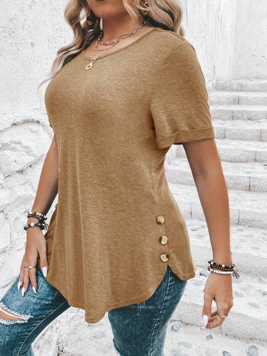 SHEIN Clasi Plus Size Casual Solid Color Short Sleeve Curved Hem T-Shirt - Camel - View 1