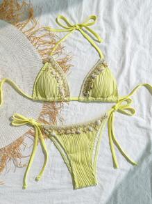 Soleia Summer Outfits For Women,Swim Suits For Women,Vacation Outfits Woman,Beachwear,Beach Outfits For Woman,Women's Bright Yellow Knitted Wave Pattern Jacquard Textured V-Neck Backless Halter Tassel Decor Beach Bikini Set, Vacation