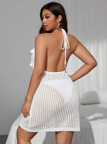 SHEIN Swim Curve Abito copri-bikini da donna taglie forti, con scollo a V, laccetti, decorazione a farfalla e fiore di perle, bianco, per la spiaggia