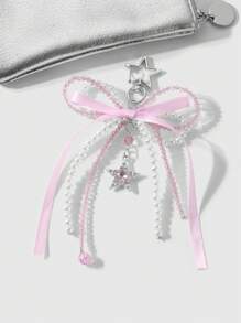 ROMWE Kawaii 1 件甜美优雅时尚手工串珠白色仿珍珠水晶水钻蝴蝶结星月心形吊坠钥匙扣，适合女孩/女士日常佩戴、节日礼物 - 粉色 - 查看 11