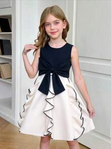 Young Girl Sleeveless Black & White Floral Lace Big Cinched Waist Casual Summer Princess Dress - Black - View 3