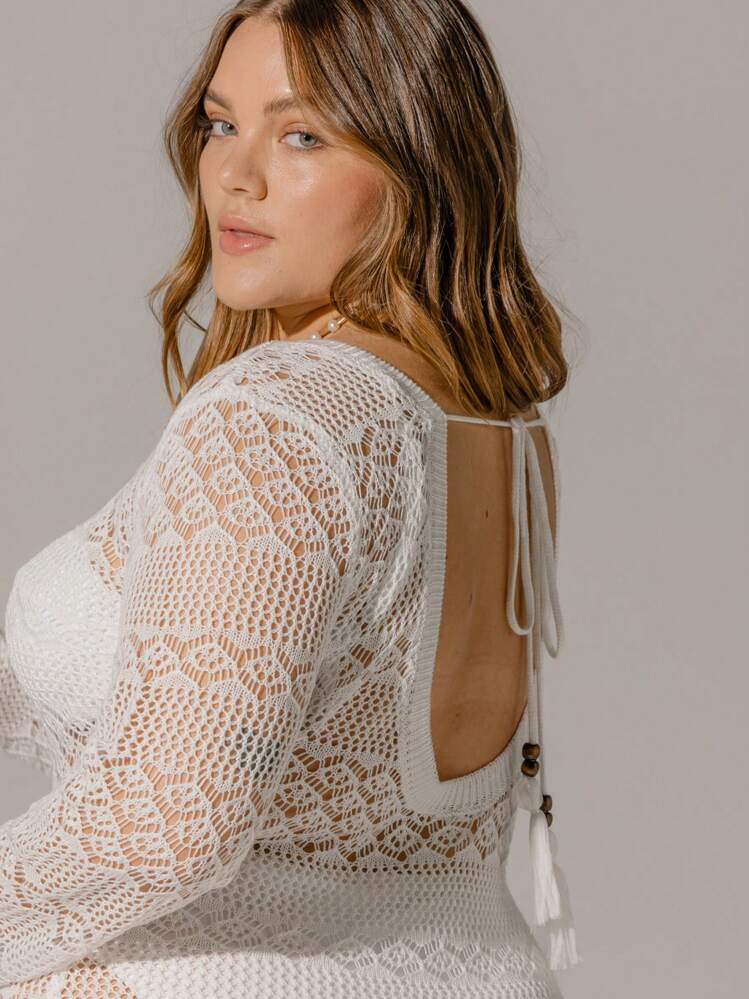 Aralina Curve Boho Festival 钩针透视长袖超长沙滩裙 - 米色 - 查看 4