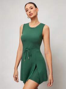 Activina Women's Solid Color Round Neck Sleeveless Waist Tie Sports Casual Dress Athletic Dress