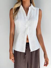 Forever 21 Women's Solid Color Single-Breasted Casual Sleeveless Loose Top - White - View 4
