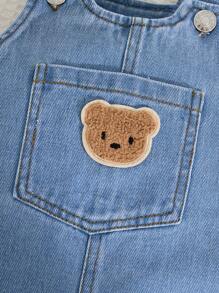 男婴刺绣熊口袋牛仔背带短裤 - 淺色水洗藍 - 查看 6
