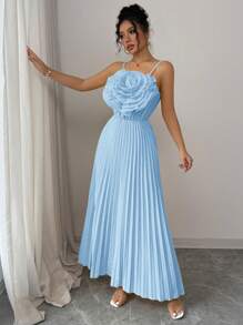 Rafferiza 法式优雅花卉贴花收腰 A 字形连衣裙，黄色，女士，春夏 - 淺藍色 - 查看 8