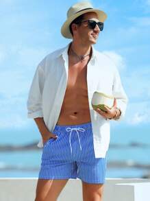 Horizaway Men Blue And White Striped Beach Shorts,Hawaiian - Royal Blue - View 3