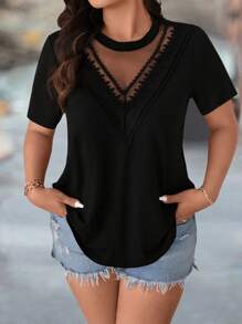 EMERY ROSE Plus Size Crew Neck Mesh Patchwork Ruffle Trim Short Sleeve T-Shirt - Black - View 5