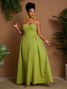 Maweii 大码女式纯色褶饰吊带中长连衣裙，时尚休闲