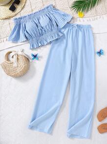 SHEIN Conjunto de 2 piezas para adolescentes con top hombros descubiertos tejido a cuadros y pantalones con cintura elástica - Azul y blanco - Ver 5