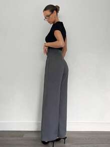 Siren Gaze 深灰色设计阔腿裤女士修身套装宽松高腰垂裆长裤，办公室穿着女士裤子 - 深灰色 - 查看 2