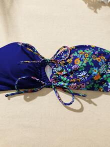 SHEIN Swim 女士性感系带比基尼套装，抹胸上衣和三角形下装，带有彩色花卉图案，非常适合海滩度假 - 彩色 - 查看 3