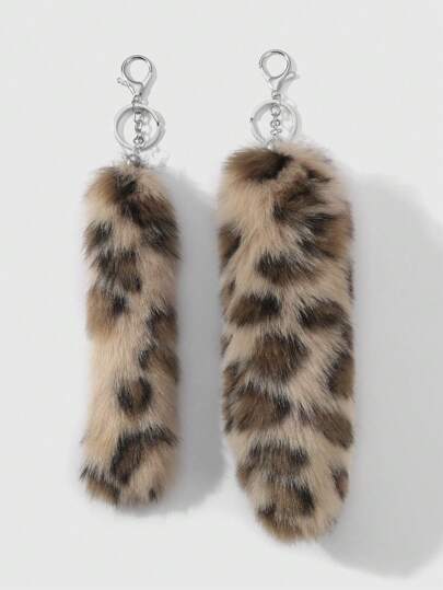 Grunge Punk 2pcs Y2K Chic Stylish Detailed Versatile Vintage Personalized Brown Leopard Print Fluffy Animal Tail Keychain Bag Pendant Combo Set, Suitable For Women Daily Wear, Festival Gift