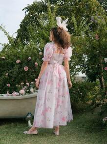 SHEIN MOD Rosa Blumen Muster Puff Taille Rock, geeignet für Urlaub, Reise, Date, Nachmittagstee - Verschiedenfarbig - Übersicht 2