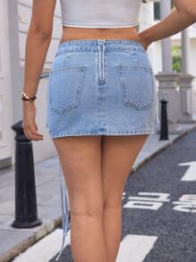 SHEIN Essnce Váy Mini Denim Thường Ngày Cho Nữ, Tối Giản & Thời Trang Cho Mặc Hàng Ngày - Rửa nhẹ - Xem 2