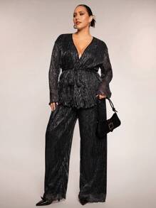 SHEIN BAE Plus Size Women 2 Pieces Set, Loose Black & Silver Long Sleeve Top And Wide-Leg Pants, Suitable For Casual Wear, Night Out, Date, Party, Afternoon Tea, Concert - Black - View 4