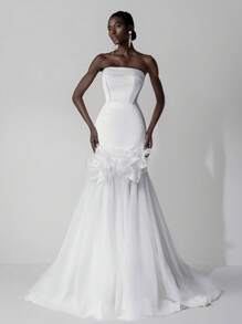 SHEIN Belle Elegant White Satin Simple Strapless Collar Floral Contrast Mesh Fishtail Train Back Adjustable Tie Wedding Dress, Bride - White - View 4