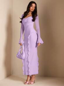 SHEIN BAE 优雅女士 3D 花卉装饰连衣裙，荷叶边下摆甜美紫色连衣裙，适合春夏休闲、约会、郊游、派对和聚会 - 淡紫色 - 查看 6