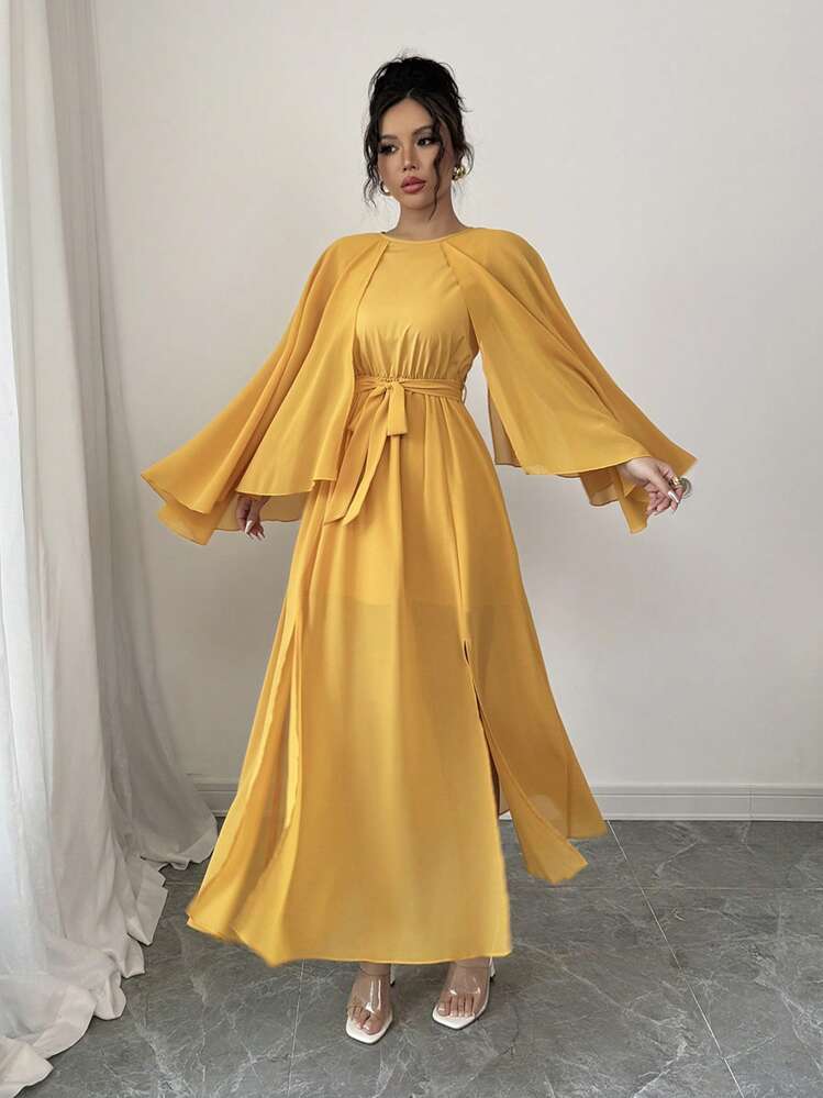 satin yellow dress with sleeves Gina Tricot batwing sleeve plunge neck satin maxi dress in butter yellow