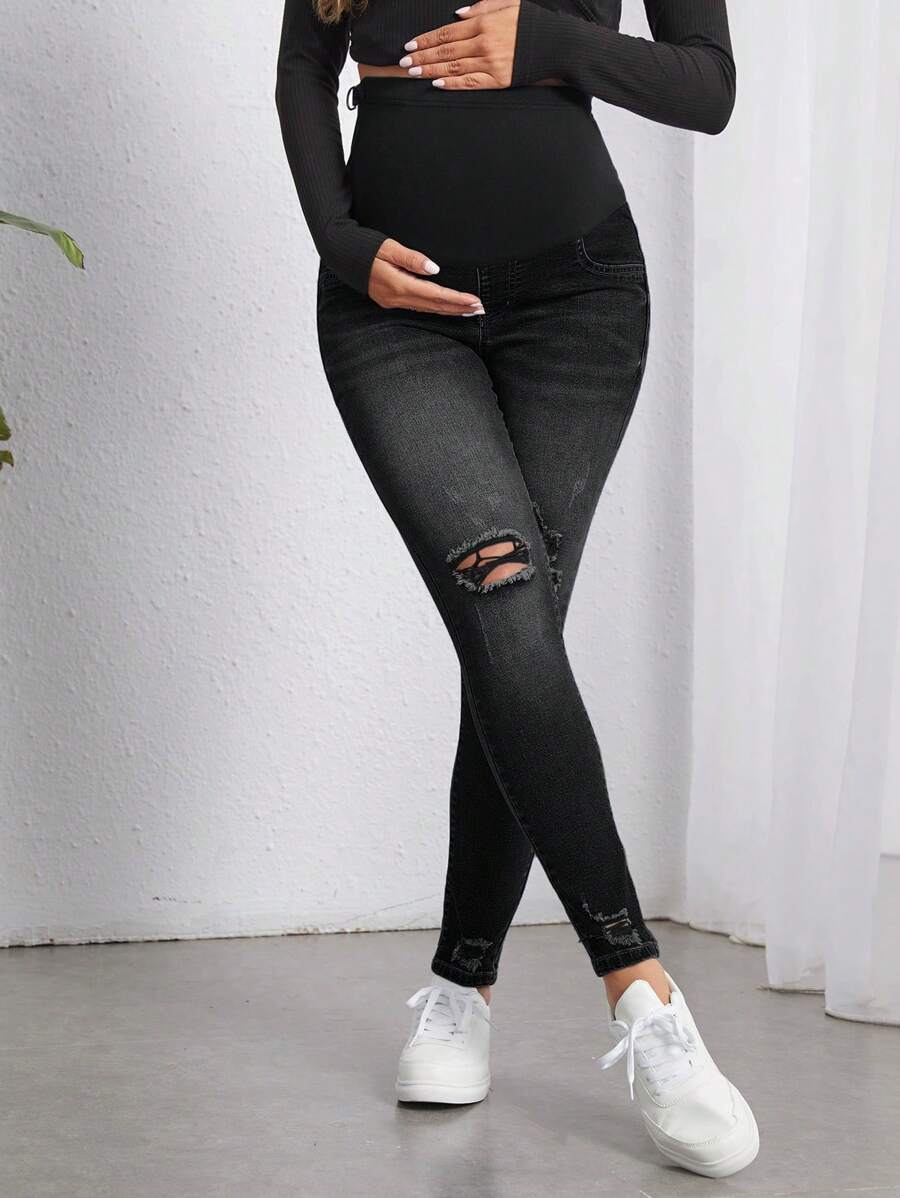 SHEIN Maternity Washed Distressed Skinny Fit Jeans