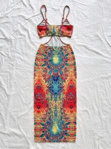 Soleia 新款针织纹理印花镂空腰部连衣裙，休闲度假西部海滩婚礼宾客夏季毕业早午餐装，圣帕特里克节春假复活节音乐节优雅波西米亚热带风情 - 彩色 - 查看 2