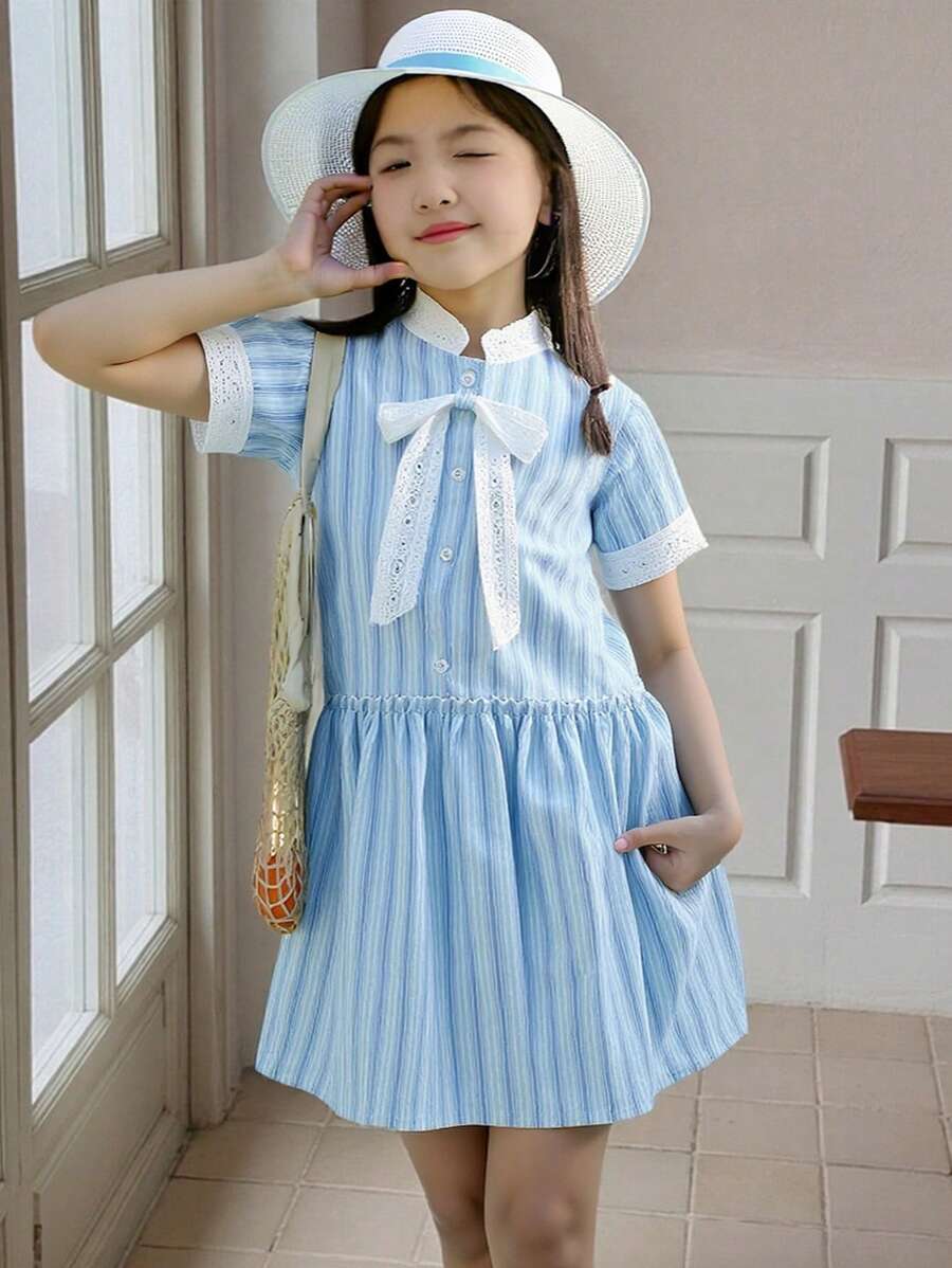 女童休闲时尚甜美年轻女士立领短袖宽松可拆卸蝴蝶结条纹棉质拼布绣花荷叶边衬衫连衣裙 - 藍色 - 查看 1