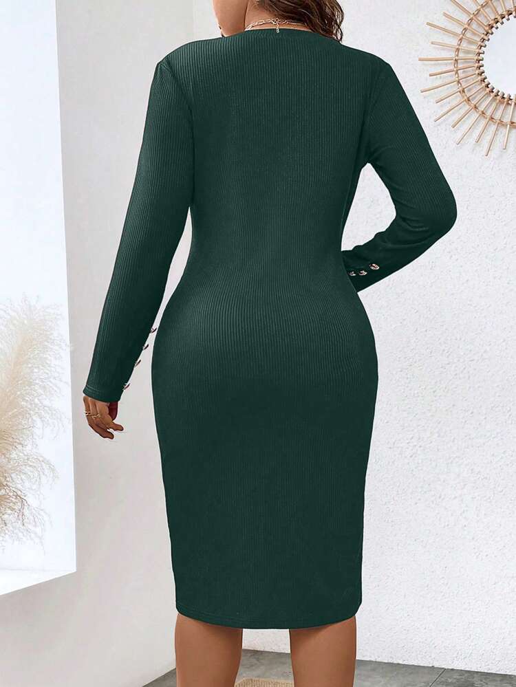 Plus Button Detail Split Hem Bodycon Dress Fall Cloth For Women