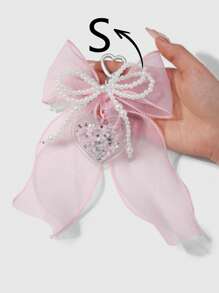 ROMWE Kawaii 1 件优雅简约手工珍珠、粉色/蓝色薄纱蝴蝶结、透明亮片心形星星钥匙扣饰品组合套装，时尚甜美包袋装饰，百搭女士礼物