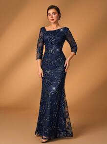 Serin Đầm lưới thêu màu xanh đậm thanh lịch và lộng lẫy, thêu kim sa, cổ áo bất đối xứng, xuyên thấu, tay áo ba phần tư, gấu váy đuôi cá nhỏ xếp li, thích hợp cho các sự kiện đám cưới, tiệc độc thân, tiệc tối, lễ hội âm nhạc, váy cho mẹ cô dâu, váy dạ hội - Màu xanh hải quân - Xem 5