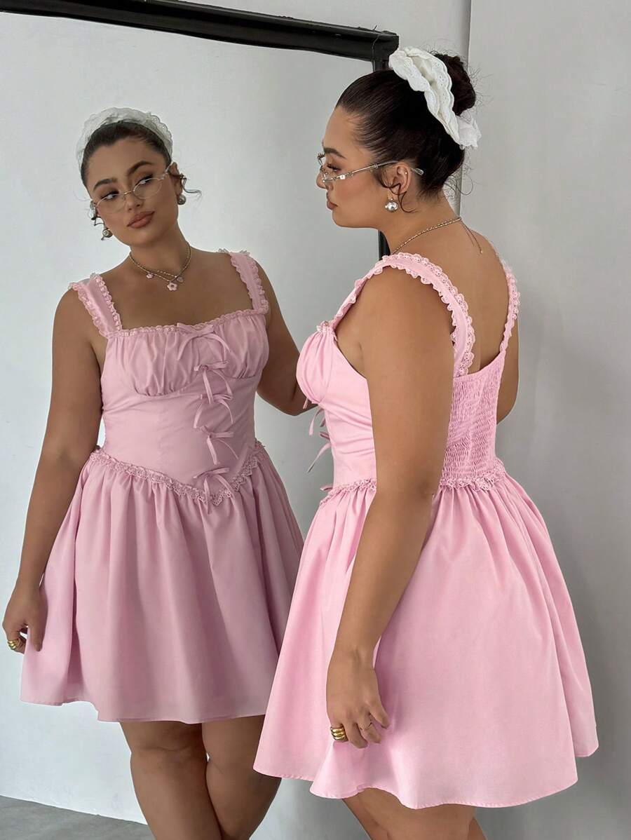 SHEIN EZwear Váy dài đến đầu gối không tay cỡ lớn, điểm nhấn nơ dễ thương, màu hồng - Hồng - Xem 1