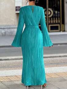 SHEIN Clasi 女士褶皱奢华圆领长袖纯色晚礼服