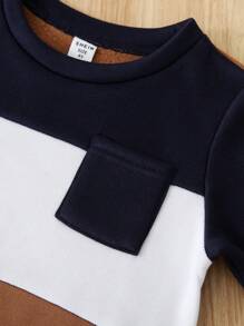 SHEIN 1 Obtén 6 piezas Conjunto de sudadera de cuello redondo de manga larga y pantalón de chándal de cintura elástica para niños pequeños, de unicolor y block de color, adecuado para volver a la escuela, cumpleaños, baby shower, fiesta de vacaciones, otoño/invierno, felpa, engrosado