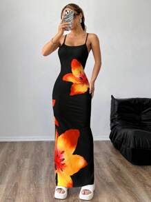 SHEIN Tall CURVE Plus Size Women Floral Print Long Slim Fit Cami Dress