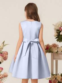Tween Girls Princess Dress, Elegant Sleeveless Girl Birthday Party Wedding Flower Girl Bridesmaid Dress With Bowknot - Blue - View 2