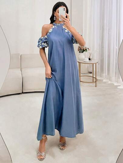 Al Najma 女士花卉刺绣露肩优雅阿拉伯连衣裙