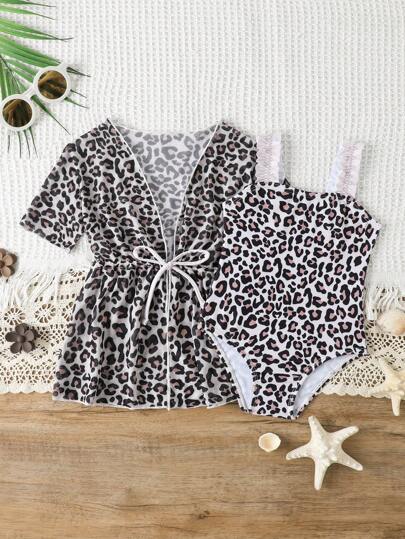 女婴豹纹泳衣（带罩衫）